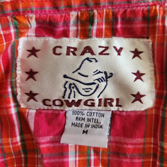 Crazy Cowgirl Shirt Button Up Red Plaid Western Long Sleeve Cotton Womens Medium - Picture 7 of 9